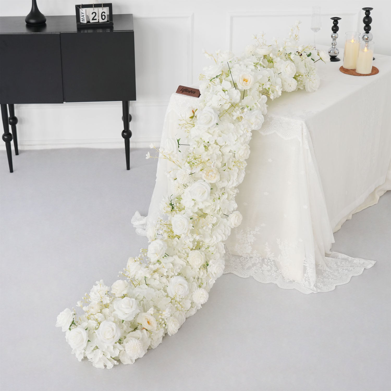 Uflower White Rose Table Runner Sofa Floral Wedding Backdrop Decor